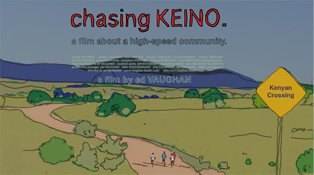 Chasing Keino poster, 
        a film about a high-speed community, drawing of runners on a desert road